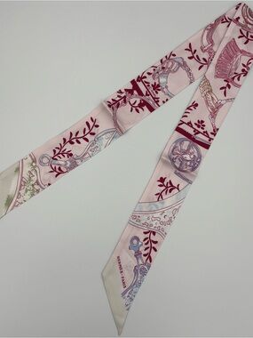 Hermes Etriers Remix Twilly Scarf Rose Pale Pink Bordeaux Silk Ribbon